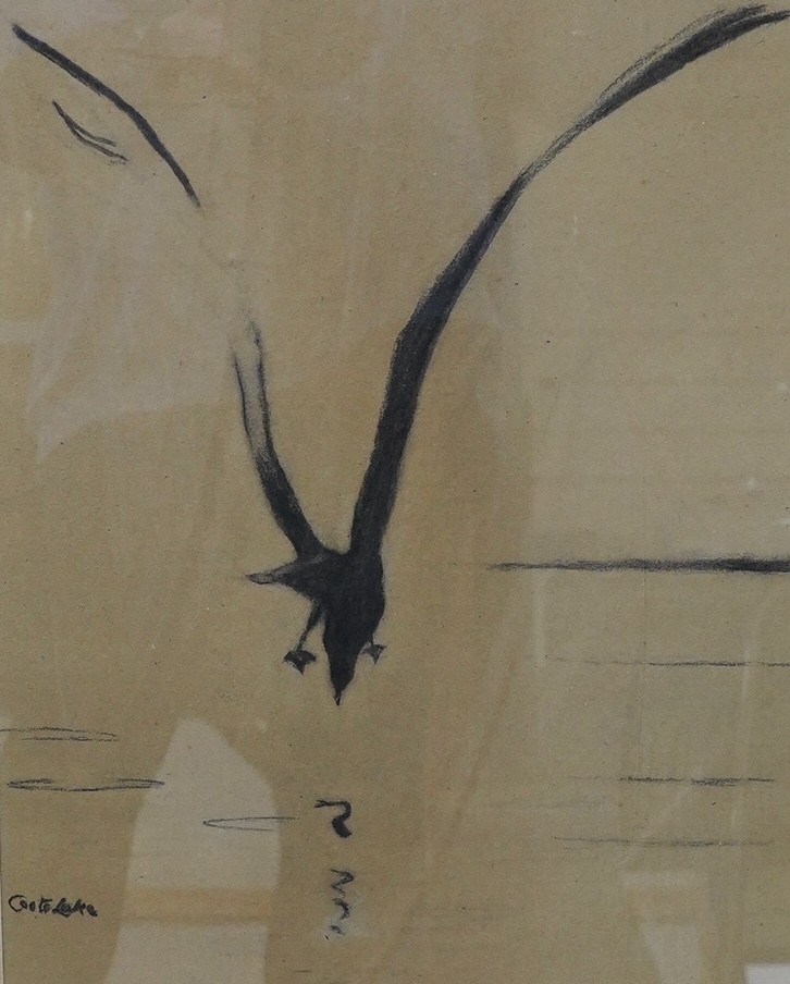 E. F. Coote-Lake (20th. C), charcoal, ‘Gull fishing’, signed, James Bourlet & Sons labels verso, 38 x 30cm. Condition - fair